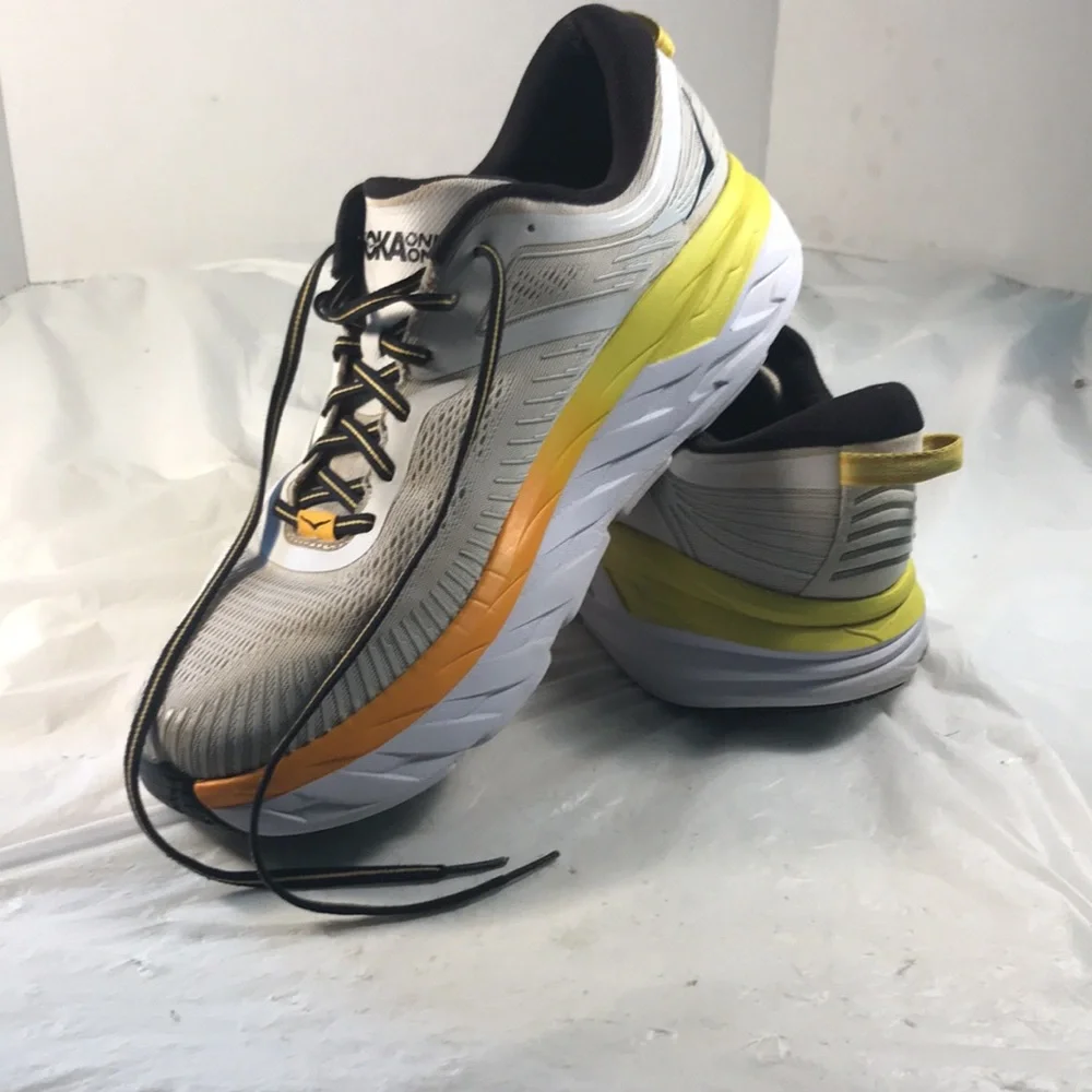 Hoka One One Bondi 7 Mens White Mesh with  Orange & Yellow Lace Up Running Shoes